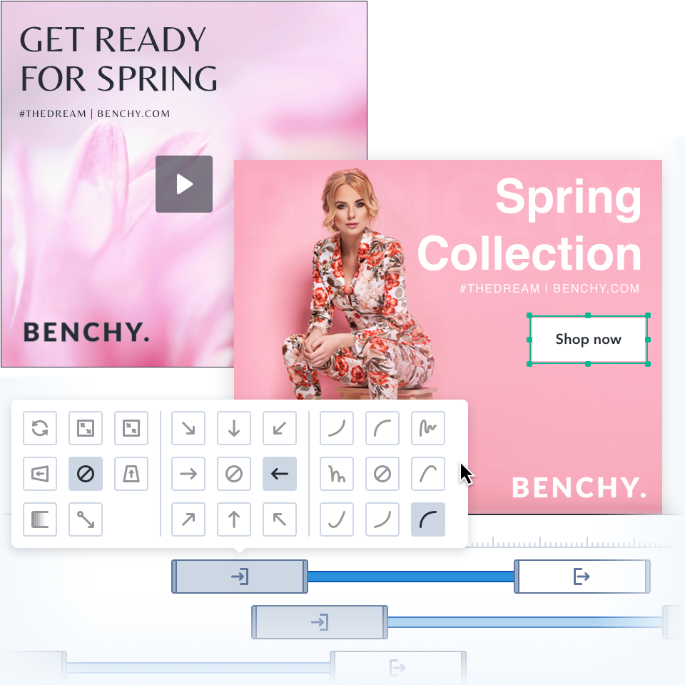 Create animated HTML5 ads, video, dynamic ads, in-banner video ads.