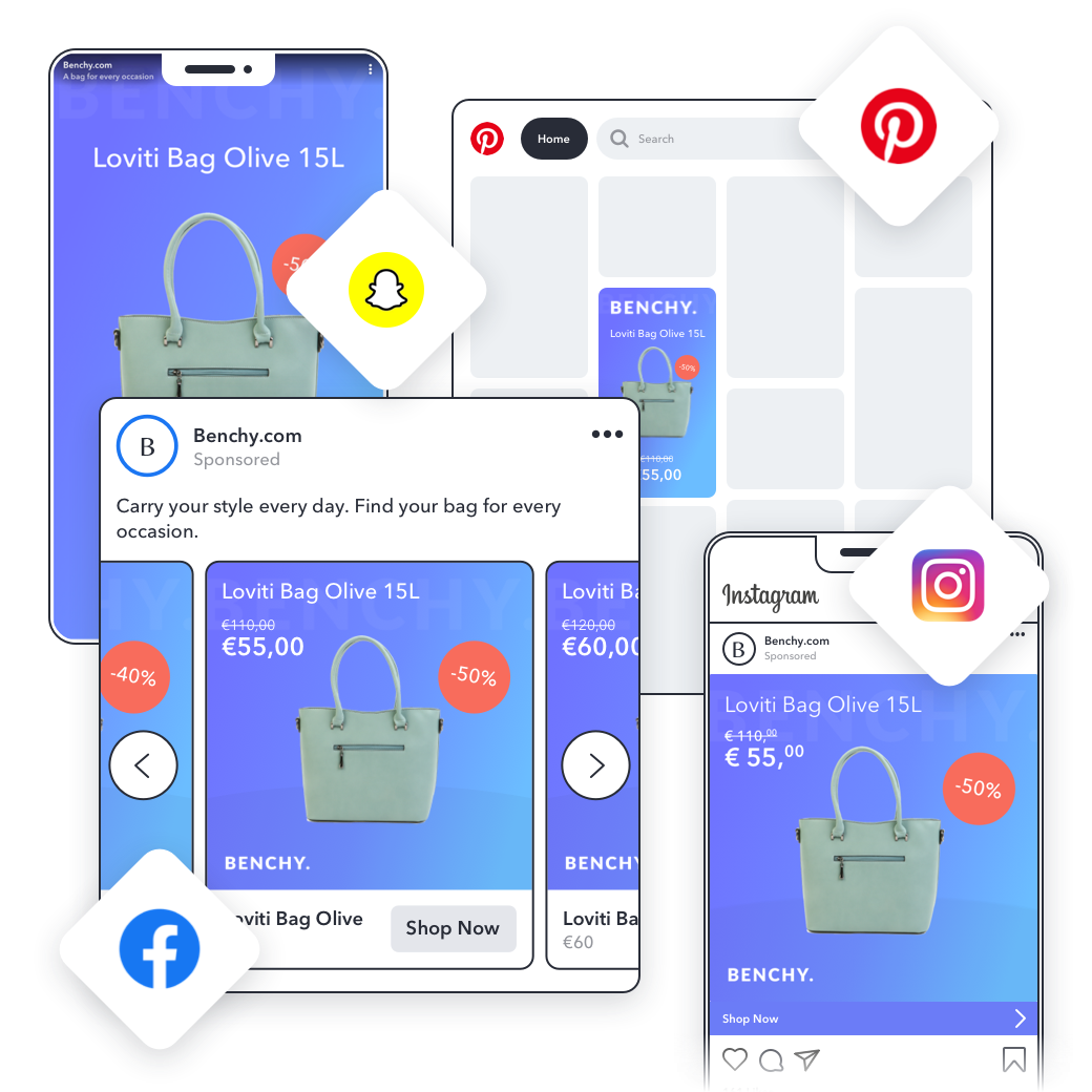 Easily create custom, on-brand dynamic product ads for Facebook, Instagram, Snapchat and Pinterest.
