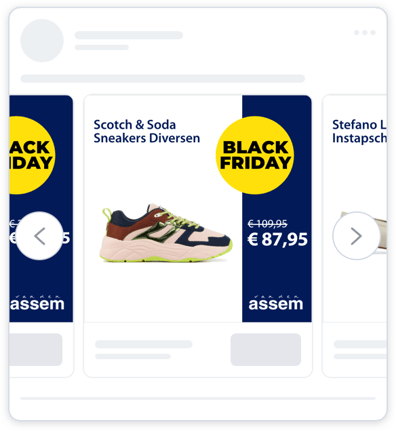Facebook dynamic ad from the retail brand Van den Assem. The ad features branding, product image, product name , old price and sale price and persuasion in the form of offers.